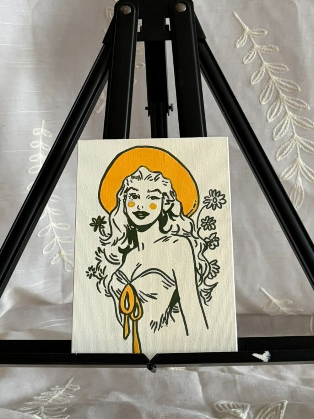 Hand Painted Retro Floral Woman Acrylic Canvas 5x7